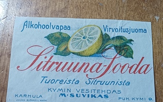 Sitruuna suuda M. Suvikas Kymi etiketti.