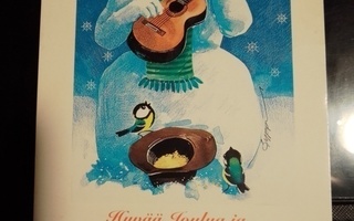 Joulukortti lumiukko soittaa kitaraa