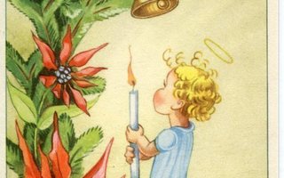 Joulu - Vanha ruotsalainen postikortti - Poika ja kynttilä