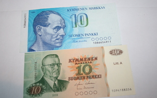 2 kpl 10 mk Suomalaisia seteleitä.  Kl 7 ja 9.