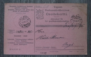 Vapaan Postiennakkolähetyksen Osoitekortti v. 1925.