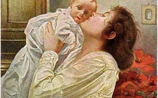 ÄITI / Äiti nostaa kastepukuisen lapsensa ilmaan. 1900-l.