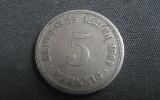 Saksa  5 Pfennig   1902 A  KM # 11  Kupari-nikkeli