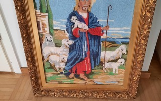 Jeesus ja lampaat ristipistotyö kehyksissä