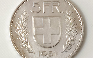 Sveitsi 5 Francs 1951B, Hopeakolikko