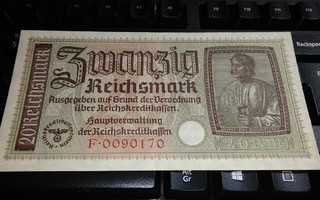 Natsi Saksa 20 RM Hakaristi seteli 1940-45 PR139 sn170
