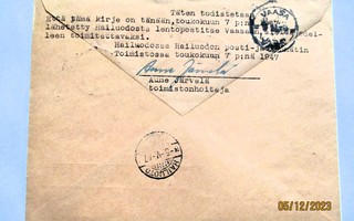 1947 Hailuoto - Vaasa lentopostikuori todistuksella