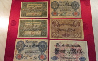 Saksa seteleitä 6 kpl 10-50 Reichs Mark 1910-1942.
