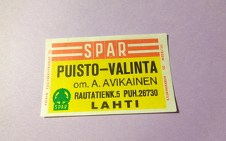 TT-etiketti Spar Puisto-Valinta A. Avikainen, Lahti