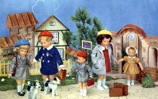 Vanha postikortti Käthe Krusen nukkeja 1960 luvulta