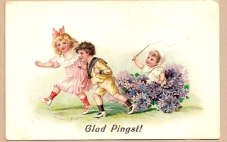 Lapset ja kukkakärry Glad Pingst käytetty kortti
