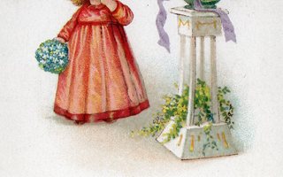 Vanha postikortti- lapsi ja kukat
