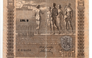 100 markkaa 1939 Litt.D, C 3746514, JUT-Als, vl II, kl 2