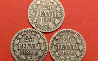 25 penniä 1865, 1866 ja 1869. (KD33)