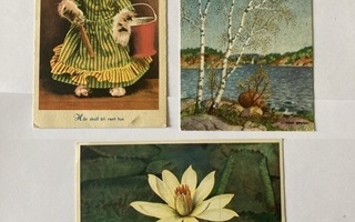 Kolme kappaletta kulkeneita postikortteja Ruotsista