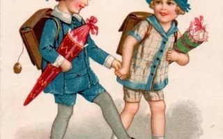 LAPSET / Tyttö ja poika käsikkäin reput selässä. 1930-l.