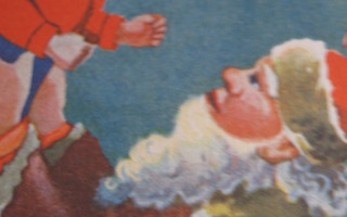 Vanha pieni joulukortti: Joulupukilla vauva sylissä/TK Oy