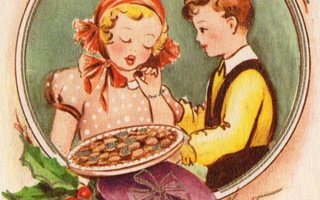 Vanha joulukortti-lapset ja suklaarasia