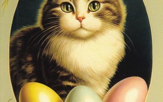 Kissa poseeraa pääsiäismunien kanssa