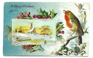 Vanha kortti: Punarinta, joulumaisema kehyksessä