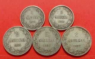 5 kpl 2 mk 1874, 1906, 1907 ja 1 markka 1874, 1890. (KD48)