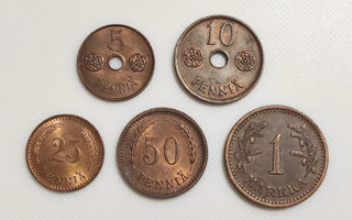 5, 10, 25, 50 Penniä, 1 Mk 1943