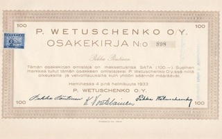 1933 P. Wetuschenko O/y, Hamina osakekirja