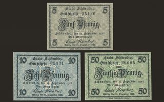 Saksa Notgeld 5, 10, 50 Pfennig, Schleiz 15.9.1918