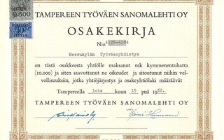 1962 Tampereen Työväen Sanomalehti Oy, Tampere osakekirja