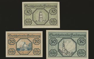 Itävalta Notgeld 10, 20, 50 Heller, Hallwang 1920