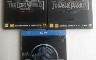Jurassic steelbook elokuvat 3 kpl (Blu-ray, uusi)