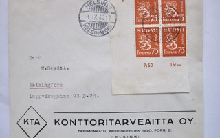 VANHA FDC Ensipäiväkuori 1.IX.1942 Yleismerkki 75 p Nelilö