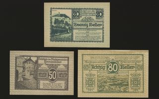 Itävalta Notgeld 20, 50, 80 Heller, Kremsmuenster