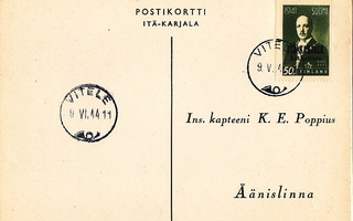 Postikortti Itä-Karjala Sot.Hallinto Vitele Leima 1944