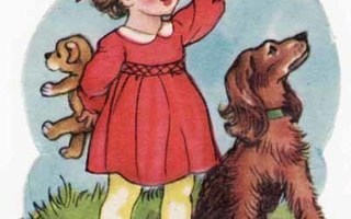 PZB 1334 / Ruskeahiuksinen punamekkoinen tyttö ja koira.