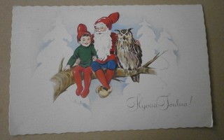 Lapsi, tonttu ja huuhkaja oksalla, vanha joulupk, p. 1960