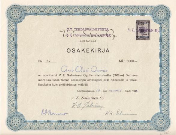 1946 Tehdasvalmisteita Oy, Lauttasaari osakekirja 