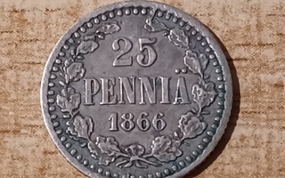 25 Penniä 1866 Hopea 750 KL 6/5 (HI)