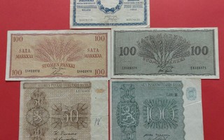 100 mk 1945, 1955 ja 1957. 5 markka 1909. 50 mk 1945. (KD22)