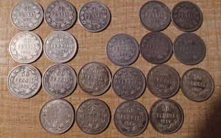 50 Penniä 1864-1917 II. Hopea 750. 20 kpl KL 3-7
