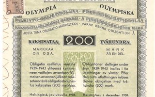 OKK Suomen valtio Olympia palkinto-obligaatiolaina v. 1938