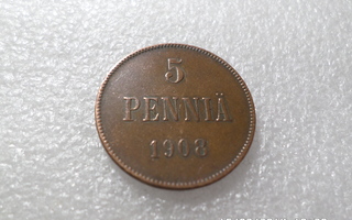 5 penniä  1908  kulkematon    hieno kolikko.
