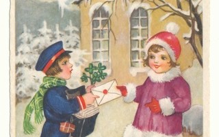 Tyttö saa kirjeen - vanha joulukortti