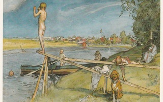Carl Larsson - Lapset rannalla uimassa  - koira