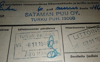 VR Turun Satama Puu Oy Asemaleima Rahtikirja 1946 PK140/8