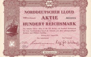 1936 Laivayhtiö Norddeutscher Lloyd, Bremen Saksa osakekirja