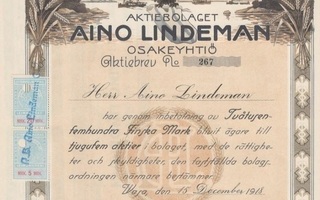 1918 Kalastustarvikeyhtiö Aino Lindeman Oy, Vaasa osakekirja