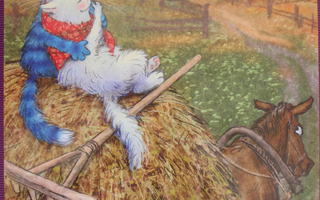 Irina Zeniuk hevonen vetää heinäkuormaa, kissat kyydissä