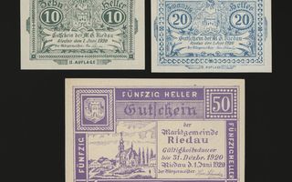 Itävalta Notgeld 10, 20, 50 Heller, Riedau 1920