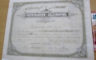 VANHA Osakekirja Privatbanken Helsingfors 1896/1917+Kupongit